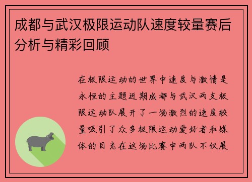 成都与武汉极限运动队速度较量赛后分析与精彩回顾