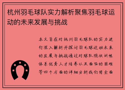 杭州羽毛球队实力解析聚焦羽毛球运动的未来发展与挑战